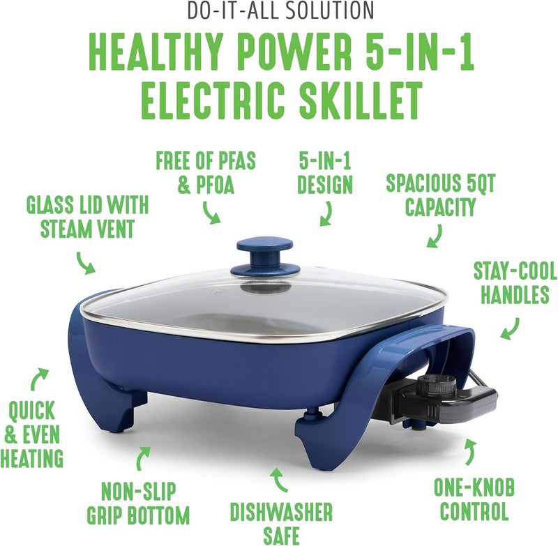 GreenLife مقلاة كهربائية مربعة 12" سعة 5QT، غطاء زجاجي مع فتحة تهوية، داخلية غير لاصقة مطلية بالسيراميك خالية من PFAS، تحكم في درجة الحرارة قابل للتعديل، مقابض باردة الملمس، تسخين سريع ومتساوي، مقاومة للخدش، زرقاء - Image 3